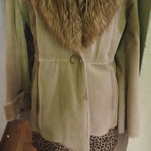 Guess Taupe Teddy Jacket with Faux-Fur Collar